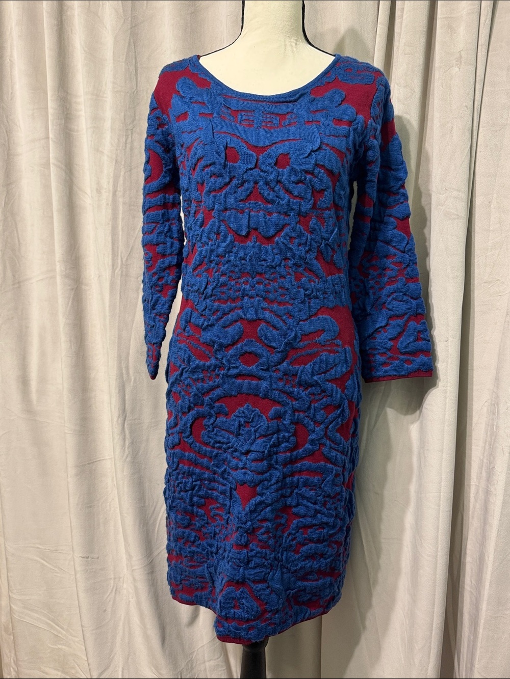 Blue Rain Blue and Burgundy Sculpted Pattern Long Sleeve Dress